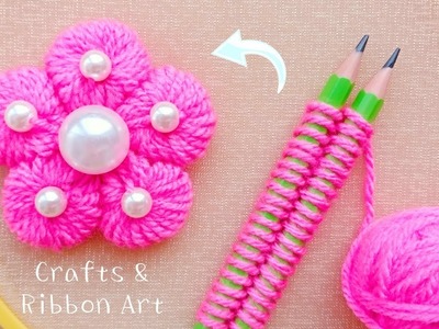 Super Easy Woolen Flower Making Ideas with Pencil - Hand Embroidery Amazing Trick - Sewing Hack