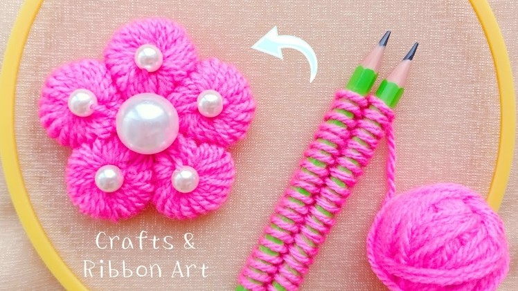 Super Easy Woolen Flower Making Ideas with Pencil - Hand Embroidery Amazing Trick - Sewing Hack
