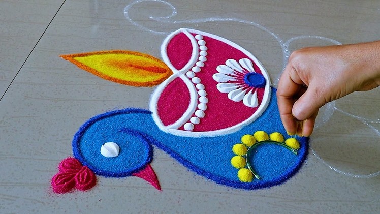 Special Peacock Rangoli Design For Diwali | Deepavali Rangoli Designs | Easy Deepavali Kolam Designs