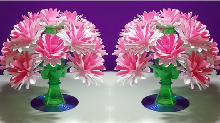 Easy Beautiful paper flower || Empty plastic bottle vase making crafte-Water bottle Recycle flower