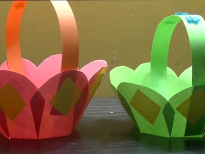 Paper Crafts. Beautiful flower basket made by color paper.  কাগজের তৈরি ফুলের ঝুড়ি.