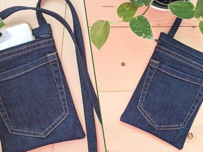DIY Easy Simple Denim Phone Crossbody Bag with Zipper Out of Old Jeans | Bag Tutorial |Upcycle Craft