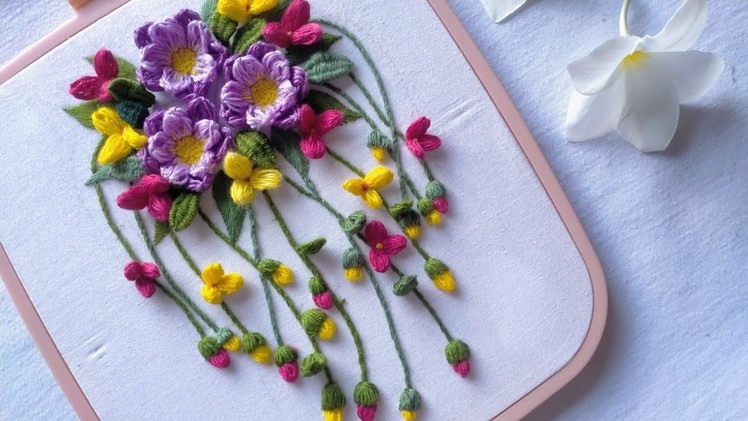 Hanging Flower Hand Embroidery Tutorial and Design | Easy Way to Embroider | Tutorial Menyulam Bunga