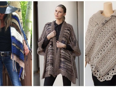 Latest Beautiful Crochet & wool knit poncho & cap Shawl's Design