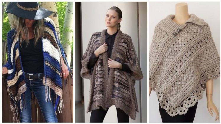 Latest Beautiful Crochet & wool knit poncho & cap Shawl's Design