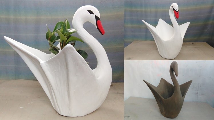 MAKE BEAUTIFUL DESIGN SWAN CEMENT POT FOR DECORATIVE AT HOME. CEMENT CRAFT IDEAS