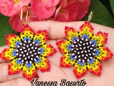 ARETES EN FORMA DE FLOR MULTICOLOR DE CHAQUIRA.MOSTACILLA(FACIL)| Beautyful beaded earrings