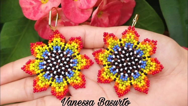 ARETES EN FORMA DE FLOR MULTICOLOR DE CHAQUIRA.MOSTACILLA(FACIL)| Beautyful beaded earrings