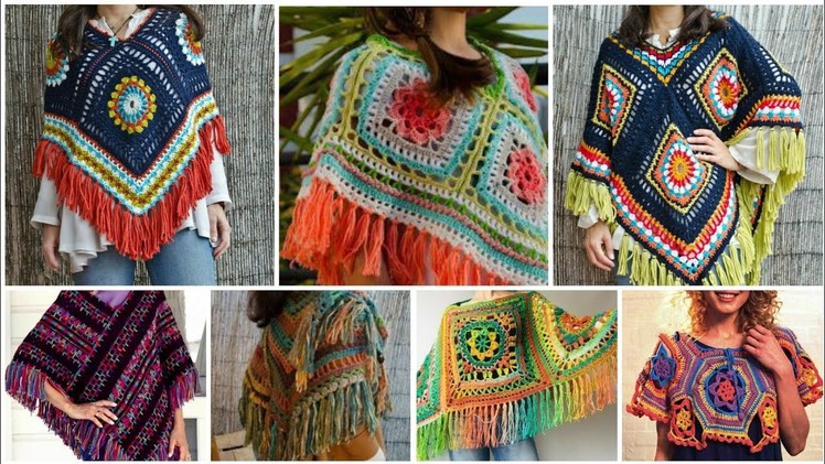 DesignersTrendy Boho fashion Granny sequare pattern poncho shawls for modern ladies