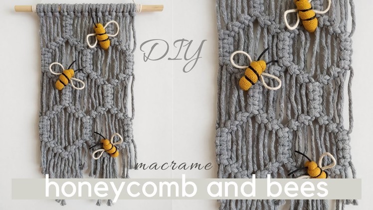 DIY macrame honeycomb and bumblebees wall hanging, hexagon easy pattern with square knots