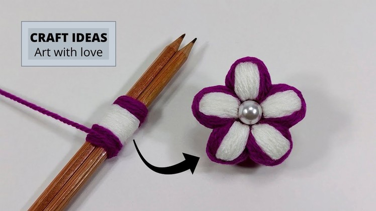 Super Easy Woolen Flower Making Ideas with Pencil   Hand Embroidery Amazing Trick   Sewing Hack