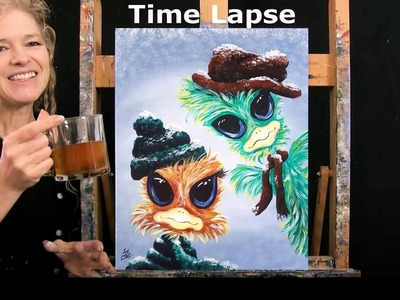 TIME LAPSE - Learn How to Paint SNOWY OSTRICHES with Acrylic - Animal Portrait Step by Step Tutorial