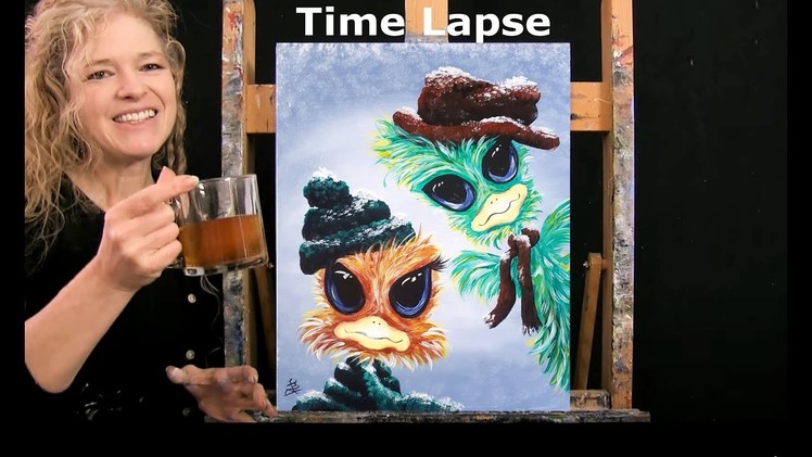 TIME LAPSE - Learn How to Paint SNOWY OSTRICHES with Acrylic - Animal Portrait Step by Step Tutorial