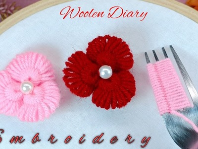 Super Easy Woolen Flower Making Trick with Fork - Hand Embroidery Designs - Amazing Trick -DIY Craft