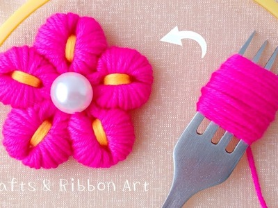 Super Easy Woolen Flower Craft Ideas with Fork - Hand Embroidery Amazing Flower Design - Sewing Hack