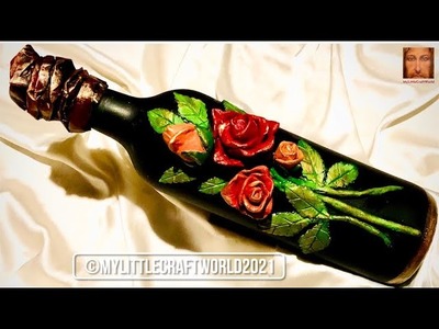 Bottle art with roses, bottle decoration ideas, bottle art with clay