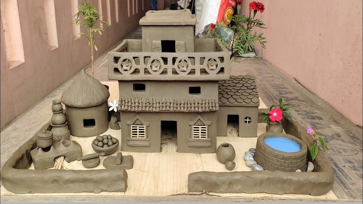 Miniature clay house || diy agriculture farming | village house |how to make clay kitchen set