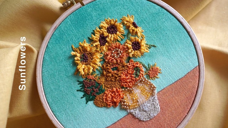 SUB] 고흐 감성 가득한 '해바라기' 명화자수????'Vincent Van Gogh, Sunflowers’ Hand Embroidery