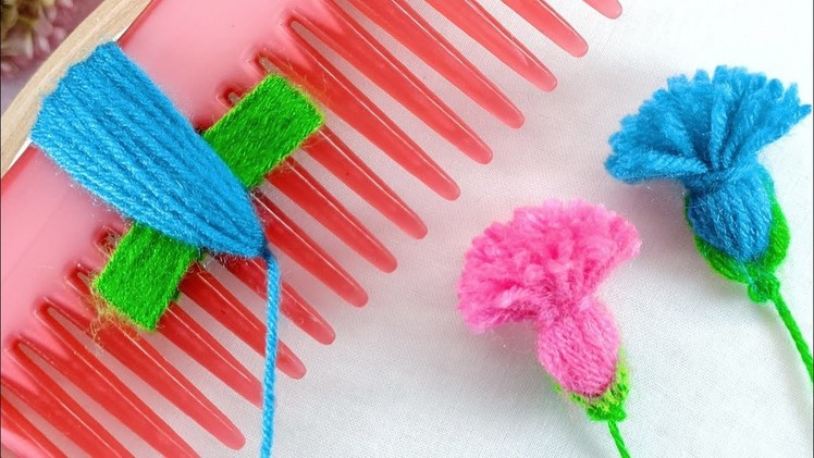Super Easy Woolen Flower making with Hair Comb | Easy Hand Embroidery Flower | Sewing Hack
