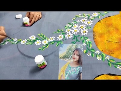 Hand painted kurti tutorial. Hand painted kurti design. DIY kameez. Neck painting designs