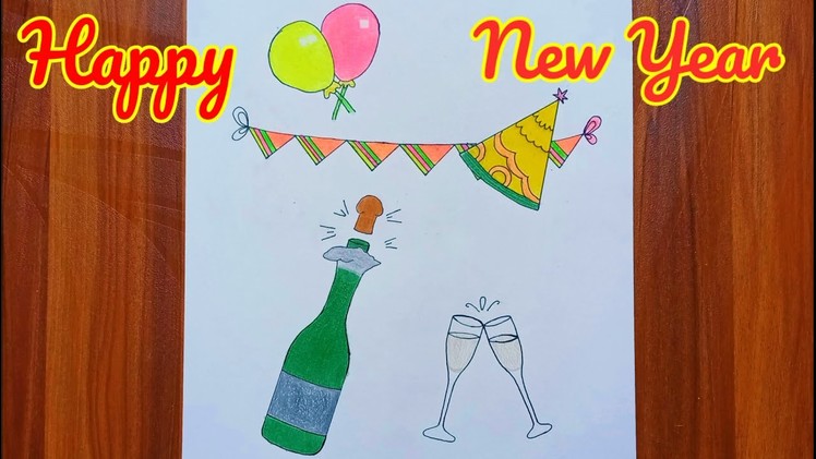 Happy New Year Greeting Card Drawing || Happy New Year Drawing With Oil Pastel | Happy New Year 2022