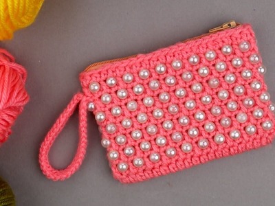 How to crochet mini pouch with pearl || Stylish crochet mini coin pouch tutorial