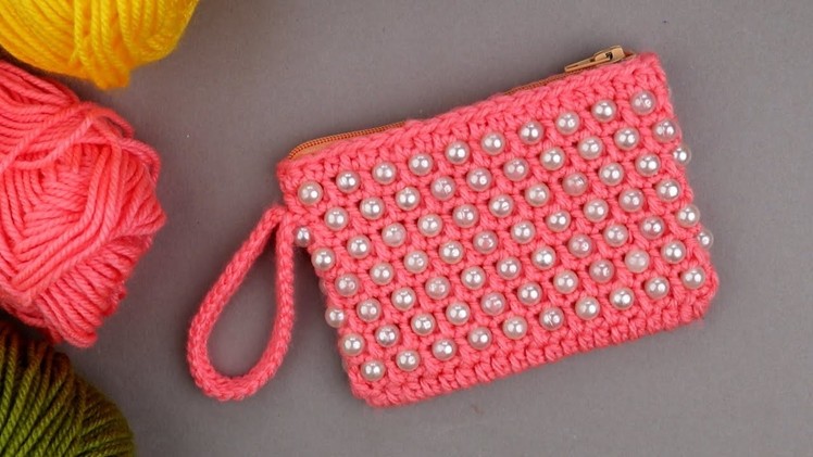 How to crochet mini pouch with pearl || Stylish crochet mini coin pouch tutorial
