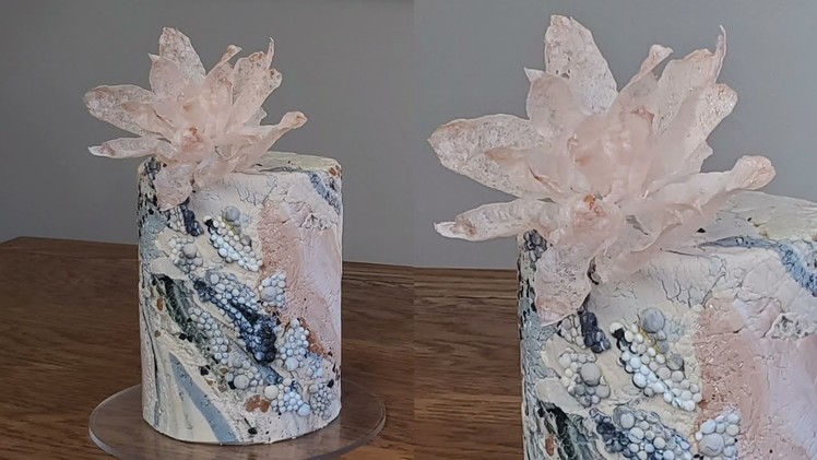 Modern Cake Design | Stone Effect Fondant Cake | Fried Wafer Paper Flowers |Cake Decorating Tutorial