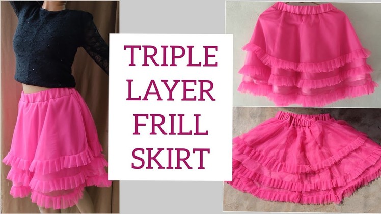 Triple layer frill skirt | short skirt cutting & stitching full tutorial | double circle skirt