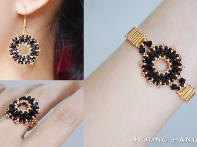 Black crystal jewelry set. How to make beaded jewelry. Bracelet, earrings and ring