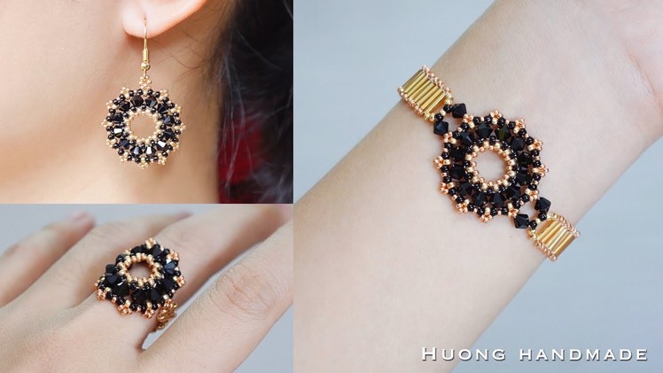 Black crystal jewelry set. How to make beaded jewelry. Bracelet, earrings and ring