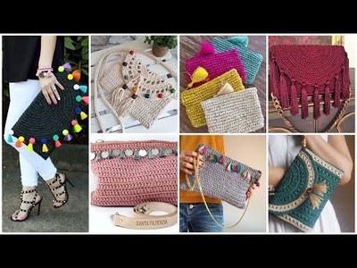 Crochet colorful cotton yarn hand pouch.handbag designs