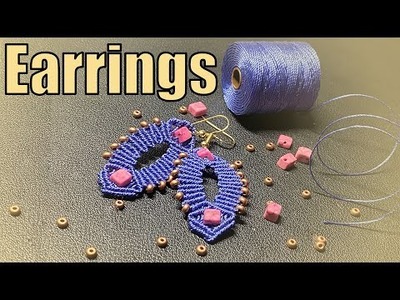 Oval macrame earrings with beads. DIY