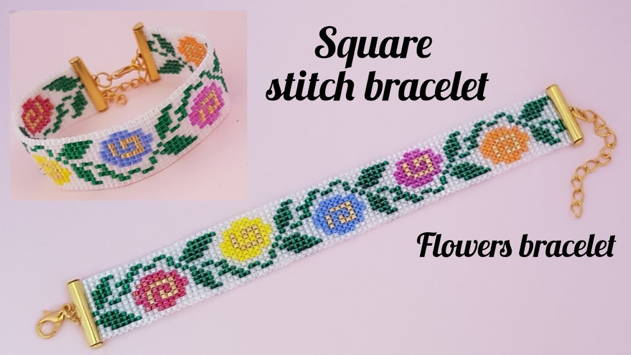 Spring flower bracelet.Square stitch bracelet.Easy bracelet making at home.Handmade.Diy Beading