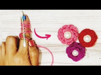 3D Woolen Rose with cast on stitch making idea with Cotton Bud Hand embroidery trick by Naheed