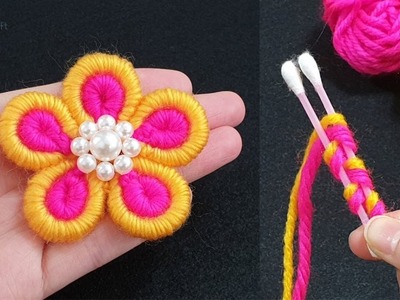 Amazing Hand Embroidery Woolen Flower Making with Cotton buds - Easy Sewing Hack - DIY Woolen Flower