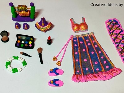 DIY how to make doll,s bridal lehenga choli, makeup & jewellery set with polymer clay