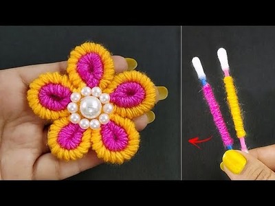 Super Easy Woolen Flower Making using Cotton Earbud - Easy Embroidery Flower Making - Flower Making
