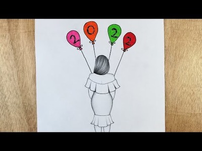 Happy New year 2022 Drawing.Easy to draw a girl with colourful happy new year 2022 balloons.Drawing.