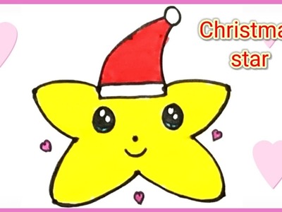 How to draw christmas star. easy christmas star drawing with santa cap for kids.  dots drawing