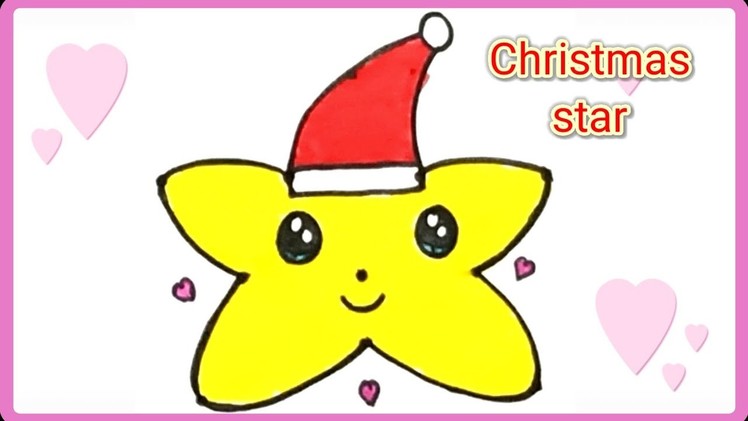 How to draw christmas star. easy christmas star drawing with santa cap for kids.  dots drawing