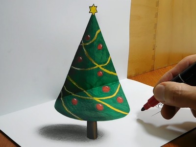 How to Draw Christmas Tree, 3D Drawing Trick Art On Paper