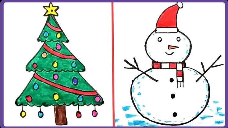 How to draw christmas tree and snow man very easy step by step for kids with dots. Christmas drawing