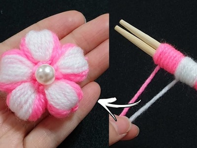 Super Easy Flower Making Idea with Woolen - Amazing Hand Embroidery Flower Design Trick - No Crochet