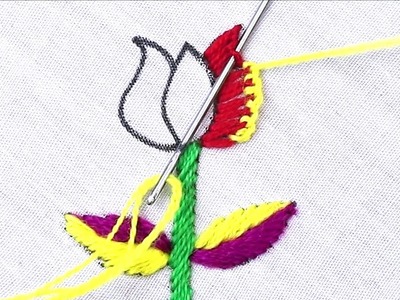 Cute Tulip Flower Embroidery, How to Stitch Tulip Flower, Hand Embroidery Tulip Flower Design