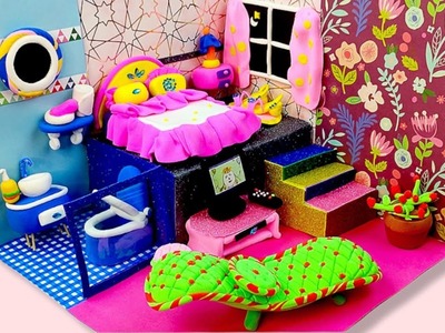 DIY Miniature House #2 Pink & Blue Bedroom and Bathroom, Kitchen, Living room, Top Toy Kido