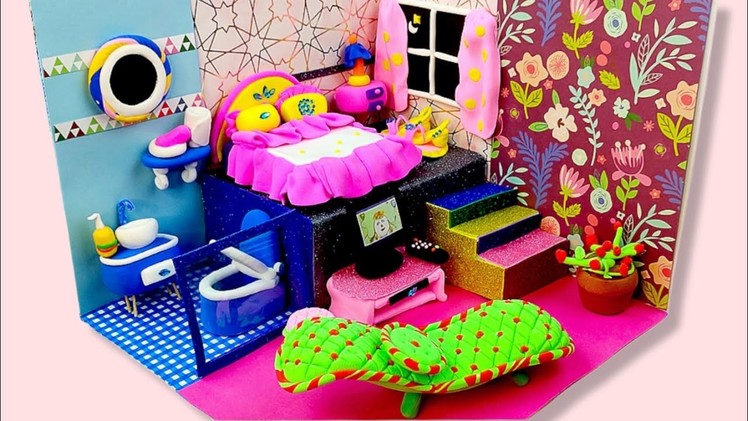 DIY Miniature House #2 Pink & Blue Bedroom and Bathroom, Kitchen, Living room, Top Toy Kido