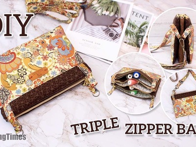 DIY Triple Zipper Bag | 5 Pockets Crossbody Bag Sewing Tutorial [sewingtimes]