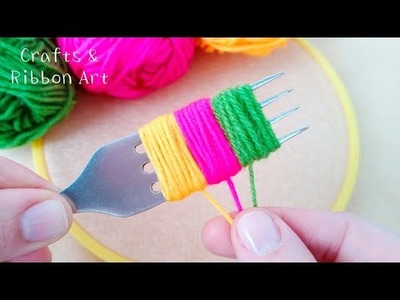 Super Easy Woolen Flower Craft Ideas with Fork - Hand Embroidery Amazing Trick - DIY Woolen Flowers