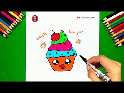 HOW TO DRAW A CUTE CUPCAKE FOR NEW YEAR. EASY DRAW, DRAW STEP BY STEP, Draw Cute Pictures.